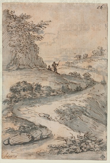 Figures on a Winding Road, mid-1600s. Salvator Rosa (Italian, 1615-1673). Pen and brown ink and brush and gray and brown wash, traces of framing lines in brown ink; sheet: 18.4 x 12.5 cm (7 1/4 x 4 15/16 in.).