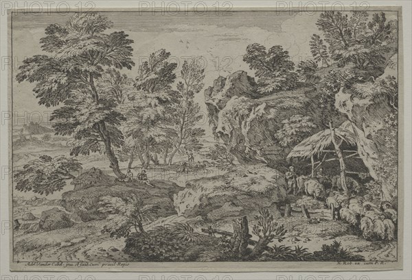 Various Landscapes: Landscape with Shepherds and two Flocks, second half 1600s. Adrian van der Cabel (Dutch, 1631-1705), Nicolas Robert. Etching; sheet: 16.6 x 24.7 cm (6 9/16 x 9 3/4 in.).