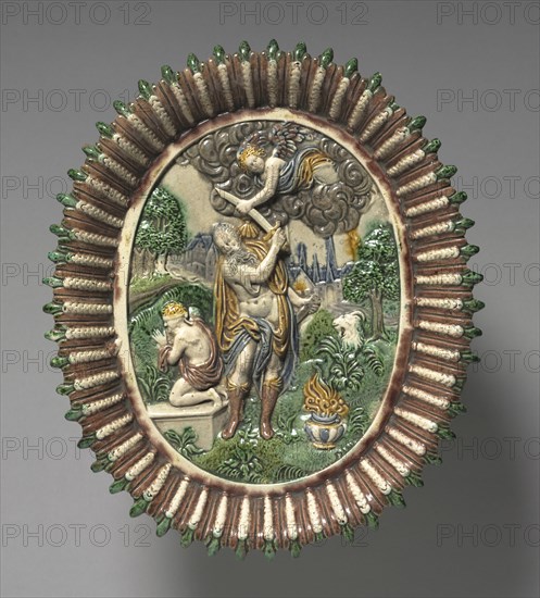 Plate: The Sacrifice of Isaac, late 1500s. Circle of Bernard Palissy (French, 1510-1589). Lead-glazed earthenware ; overall: 31.7 x 26.7 cm (12 1/2 x 10 1/2 in.).