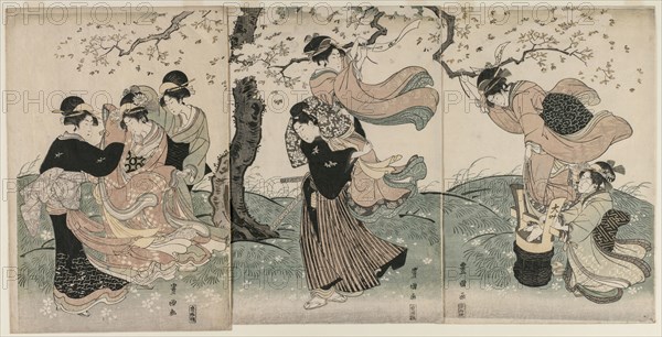 Cherry Blossoms in the Wind, late 1790s. Utagawa Toyokuni (Japanese, 1769-1825). Triptych of woodblock prints, ink and color on paper; overall: 38.7 x 80 cm (15 1/4 x 31 1/2 in.).