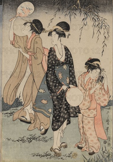 Catching Fireflies Beneath a Willow Tree (center), c. 1796-1797. Kitagawa Utamaro (Japanese, 1753?-1806). Triptych: color woodblock print; sheet: 38.2 x 76.8 cm (15 1/16 x 30 1/4 in.).