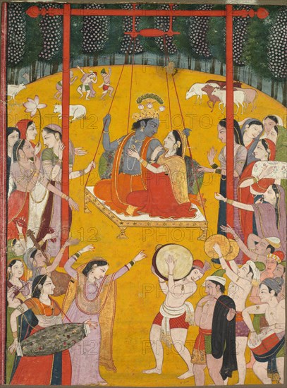 Hindola Raga, c. 1790-1800. Northern India, Himachal Pradesh, Kangra, late 18th century. Opaque watercolor, gold, and ink on paper; image: 20.5 x 15.3 cm (8 1/16 x 6 in.); with mat: 35.5 x 25.4 cm (14 x 10 in.).