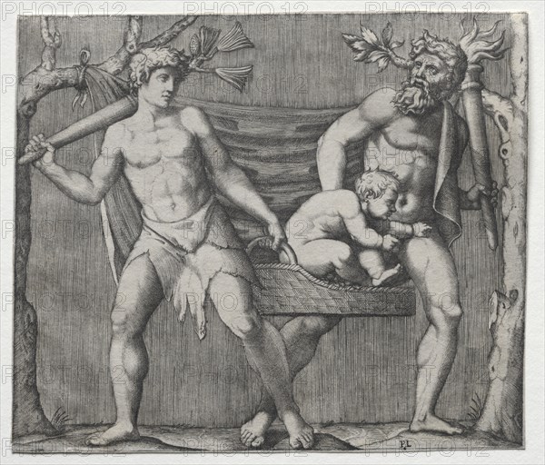 Two Fauns Carrying a Child in a Basket, c. 1513-1515. Marcantonio Raimondi (Italian, 1470/82-1527/34). Engraving