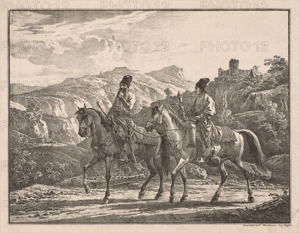 Two Cossacks on Horseback. Aleksandr Orlowski (Russian, 1777-1832). Lithograph