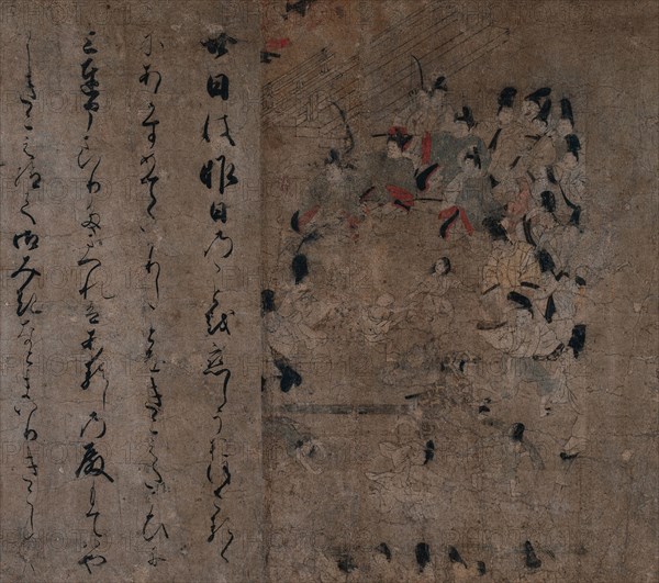 The Emperor's Attendance at the Horse Race: Episode from the Tale of Eiga (Eiga Monogatari), c. 1200. Japan, Kamakura period (1185-1333). Handscroll, ink and color on paper; image: 32.4 x 36.7 cm (12 3/4 x 14 7/16 in.); overall: 35.5 x 339.5 cm (14 x 133 11/16 in.).