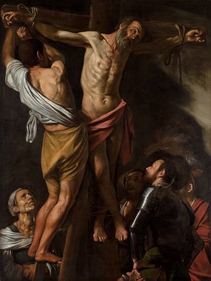 The Crucifixion of Saint Andrew, 1606-1607. Caravaggio (Italian, 1571-1610). Oil on canvas; framed: 233.5 x 184 x 12 cm (91 15/16 x 72 7/16 x 4 3/4 in.); unframed: 202.5 x 152.7 cm (79 3/4 x 60 1/8 in.).