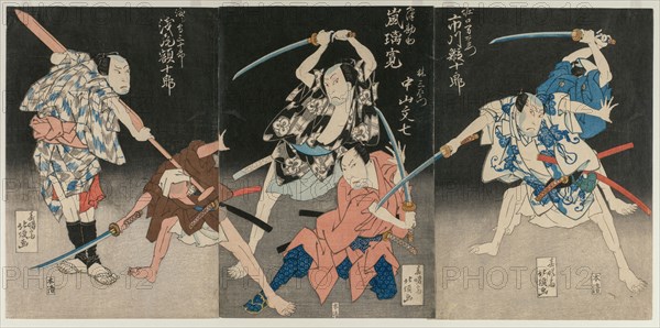 Asao Gaujuro as the Boatman Sanjurol; Nakayama Bunshichi as Hayashi Sanzemon, Arashi Rikan II as Kizu Kansuke; Ichikawa Ebijuro II as Horiguchi Manzaemon, 1829. Shunshosai Hokucho (Japanese). Triptych, color woodblock print; overall: 36.2 x 76 cm (14 1/4 x 29 15/16 in.).