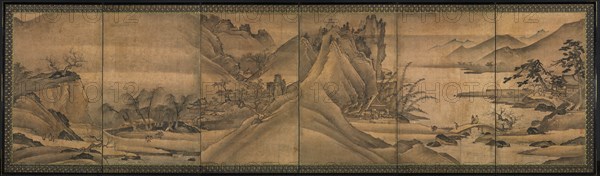 Landscape of the Four Seasons, c. 1424. Yi Sumun (Korean, b. c. 1404). One of a pair of six-panel screens; ink and slight color on paper; overall: 108 x 361.3 cm (42 1/2 x 142 1/4 in.); painting only: 92.7 x 348.7 cm (36 1/2 x 137 5/16 in.).