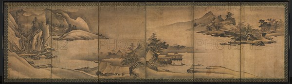 Landscape of the Four Seasons, c. 1424. Yi Sumun (Korean, b. c. 1404). One of a pair of six-panel screens; ink and slight color on paper; overall: 108 x 361.3 cm (42 1/2 x 142 1/4 in.); painting only: 92.7 x 348.7 cm (36 1/2 x 137 5/16 in.).