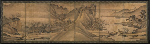 Landscape of the Four Seasons, c. 1424. Yi Sumun (Korean, b. c. 1404). Pair of six-panel screens; ink and slight color on paper; overall: 92.7 x 348.7 cm (36 1/2 x 137 5/16 in.); painting only: 93 x 57.1 cm (36 5/8 x 22 1/2 in.).