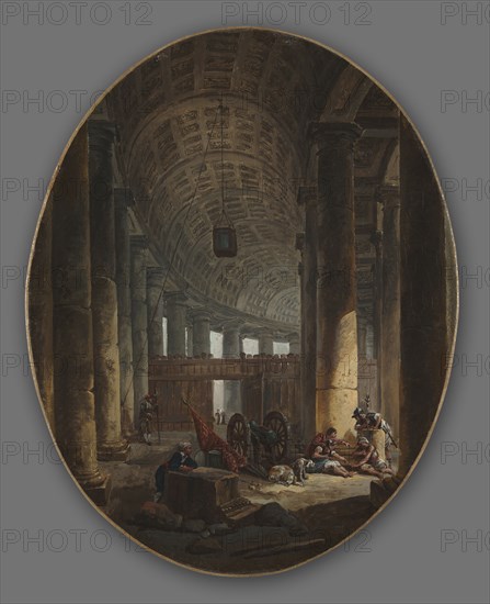 The Colonnade of St. Peter's, Rome, during the Conclave, c.1769. Hubert Robert (French, 1733-1808). Oil on canvas; framed: 56 x 47.5 x 6 cm (22 1/16 x 18 11/16 x 2 3/8 in.); unframed: 42.6 x 33.4 cm (16 3/4 x 13 1/8 in.).