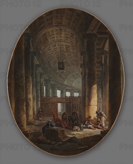 Pair of Paintings: The Colonnade of St. Peter's, Rome, during the Conclave and The Grotto of Posillipo, c.1769. Hubert Robert (French, 1733-1808). Oil on canvas; framed: 56 x 47.5 x 6 cm (22 1/16 x 18 11/16 x 2 3/8 in.); unframed: 42.6 x 33.4 cm (16 3/4 x 13 1/8 in.).