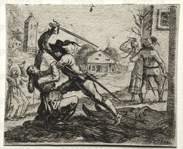 Military Subjects:  Two Soldiers Pursuing Women in a Village. Hans Ulrich Franckh (German, 1603-1680). Etching