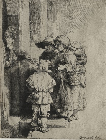 Beggars Receiving Alms at the Door of a House, 1648. Rembrandt van Rijn (Dutch, 1606-1669). Etching, with engraving and drypoint; sheet: 16.8 x 13 cm (6 5/8 x 5 1/8 in.); platemark: 16.6 x 12.8 cm (6 9/16 x 5 1/16 in.)