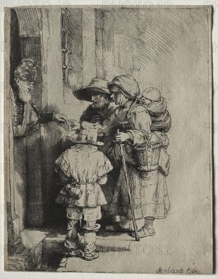 Beggars Receiving Alms at the Door of a House, 1648. Rembrandt van Rijn (Dutch, 1606-1669). Etching, with engraving and drypoint; sheet: 16.8 x 13 cm (6 5/8 x 5 1/8 in.); platemark: 16.6 x 12.8 cm (6 9/16 x 5 1/16 in.)