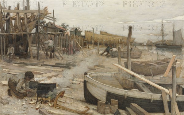 The Boatyard, c. 1875. Jean-Charles Cazin (French, 1841-1901). Oil on fabric; framed: 105.4 x 149.9 x 15.2 cm (41 1/2 x 59 x 6 in.); unframed: 77.6 x 122.7 cm (30 9/16 x 48 5/16 in.); former: 111 x 155.5 x 6.5 cm (43 11/16 x 61 1/4 x 2 9/16 in.)