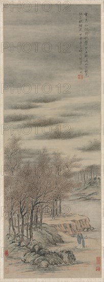 Listening to the Sound of Autumn in a Misty Grove, 1657. Zhang Feng (Chinese, active c. 1632-1662). Hanging scroll, ink and color on paper; image: 96.5 x 34.6 cm (38 x 13 5/8 in.); overall: 200.6 x 58.5 cm (79 x 23 1/16 in.).
