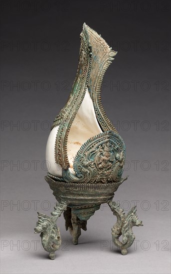 Conch Shell with a Figure of Hevajra, 1100s. Cambodia, Khmer, Angkor Period, 12th-13th Century. Shell and bronze; overall: 35 cm (13 3/4 in.).