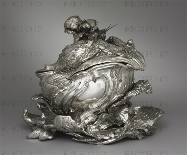 Covered Tureen on Stand (Pot-à-oille couvert), 1735-1738. Juste-Aurèle Meissonnier (French, 1695-1750), Pierre-François Bonnestrenne (French), Henry Adnet (French, 1745). Silver; overall: 36.9 x 38.4 x 31.8 cm (14 1/2 x 15 1/8 x 12 1/2 in.); average: 35 x 38.4 x 31.8 cm (13 3/4 x 15 1/8 x 12 1/2 in.).