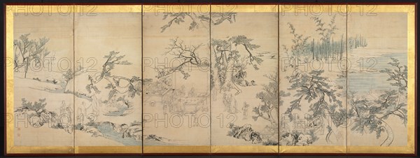 Literary Gathering in the Orchid Pavilion, late 1700s. Maruyama Okyo (Japanese, 1733-1795). Six-panel folding screen; ink and slight color on paper; image: 83 x 191.8 cm (32 11/16 x 75 1/2 in.); overall: 95.7 x 204.5 cm (37 11/16 x 80 1/2 in.); open and extended: 83 x 243 cm (32 11/16 x 95 11/16 in.).