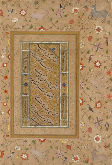 Page from the Late Shah Jahan Album: Persian Calligraphy Framed by an Ornamental Border of Flowers and Birds, c. 1500 to 1540. Mir 'Ali. Opaque watercolor, gold and ink on paper; overall: 36.8 x 25.2 cm (14 1/2 x 9 15/16 in.).