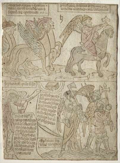 Apocalypse: page from the Apocalypse (The Locusts with the Angel of the Abyss and The Sixth Trumpet), 1400s. Anonymous. Woodcut (blockbook), hand colored with watercolor; mat size: 48.8 x 36.3 cm (19 3/16 x 14 5/16 in.); sheet: 26.5 x 19.3 cm (10 7/16 x 7 5/8 in.)
