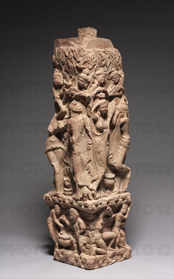 Corner Railing Pillar with Drinking Scenes, Yakshis, and Musicians, 100s. India, Mathura, Kushan Period (1st century-320). Red sandstone; overall: 80 cm (31 1/2 in.).