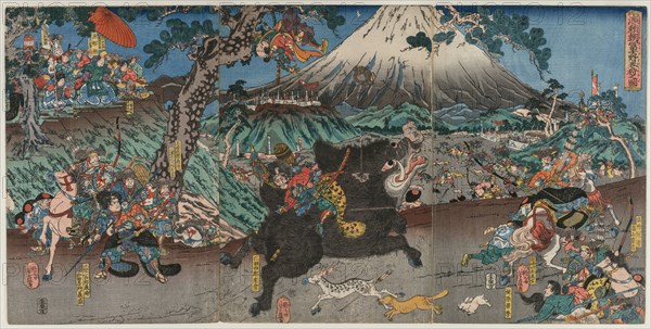 Picture of Minamoto no Yoritomo's Hunt on the Slopes of Mount Fuji, mid 1840s. Utagawa (Ichihosai) Yoshifuji (Japanese, 1828-1887). Color woodblock print; sheet: 36.9 x 74.3 cm (14 1/2 x 29 1/4 in.).