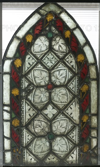 Stained Glass Panel with Aconite Leaves, c. 1275-1300. France, Alsace(?), 13th century. Pot-metal and white glass, silver stain; overall: 55.9 x 33.4 cm (22 x 13 1/8 in.).