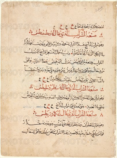 Text page from a Materia Medica of Dioscorides, c. 1224. Abdallah ibn al-Fadl (Iraq). Ink and opaque watercolor on paper; sheet: 33.1 x 24.5 cm (13 1/16 x 9 5/8 in.); image: 24 x 19 cm (9 7/16 x 7 1/2 in.).