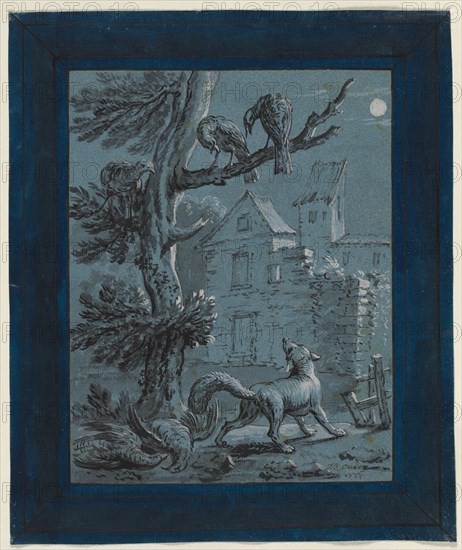 The Fox and the Turkey Hens: Illustration for the Fables of La Fontaine, 1733. Jean-Baptiste Oudry (French, 1686-1755). Brush and black ink and gray wash heightened with white gouache, blue ink in margin; framing lines in brown ink; sheet: 31 x 26 cm (12 3/16 x 10 1/4 in.); image: 24 x 18.8 cm (9 7/16 x 7 3/8 in.).