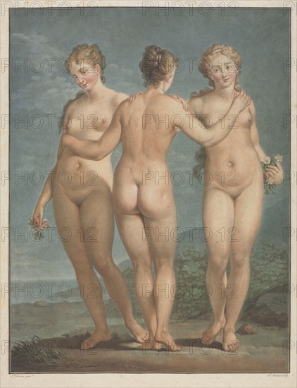 The Three Graces, 1786. Jean François Janinet (French, 1752-1814), after Giovanni Antonio Pellegrini (Italian, 1675-1741). Color wash-manner etching and engraving; sheet: 50.5 x 33.5 cm (19 7/8 x 13 3/16 in.); platemark: 44 x 32 cm (17 5/16 x 12 5/8 in.)