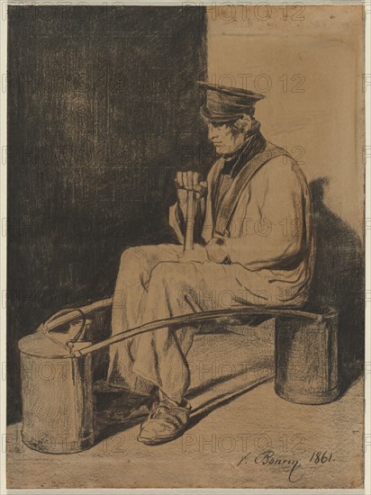 Water Carrier Seated on His Yoke, 1861. François Bonvin (French, 1817-1887). Black chalk and brown crayon; sheet: 42.1 x 31.1 cm (16 9/16 x 12 1/4 in.); secondary support: 41.1 x 31.1 cm (16 3/16 x 12 1/4 in.).