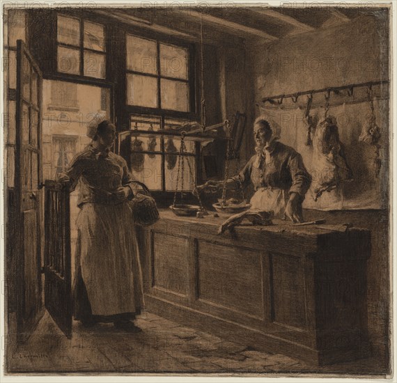 Interior of a Butcher Shop, c. 1881. Léon Augustin Lhermitte (French, 1844-1925). Charcoal and black chalk heightened with white chalk (media continue onto secondary support); sheet: 55.7 x 57.2 cm (21 15/16 x 22 1/2 in.); secondary support: 56.1 x 58.4 cm (22 1/16 x 23 in.).