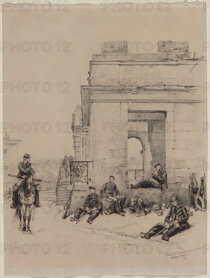 Soldiers Resting (recto) Sketch of a Man with Upraised Arm and Sketch of a Helmet (verso) , 1878. Édouard Detaille (French, 1848-1912). Graphite and pen and black ink; sheet: 34.4 x 25.8 cm (13 9/16 x 10 3/16 in.).