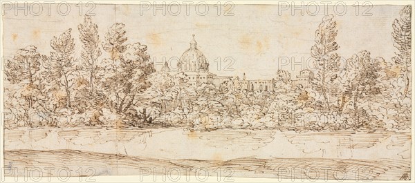 River Landscape with View of St. Peter's Basilica, after 1660. Circle of Giovanni Francesco Grimaldi (Italian, 1606-1680). Pen and brown ink over black chalk; framing lines in graphite; sheet: 11.4 x 26.5 cm (4 1/2 x 10 7/16 in.).