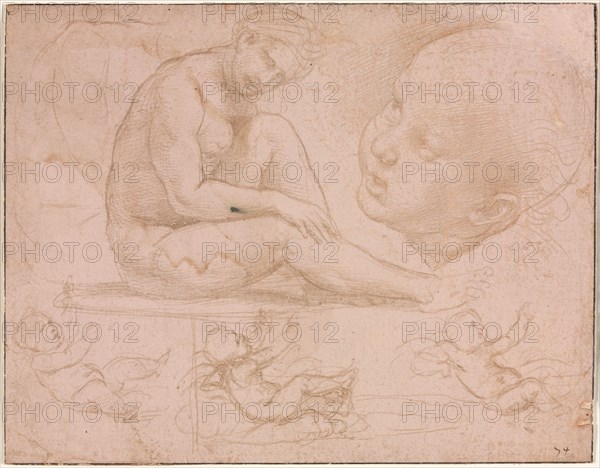 Studies of a Seated Female, Child's Head, and Three Studies of a Baby, c. 1507-1508. Raphael (Italian, 1483-1520). Silverpoint; sheet: 12 x 15.3 cm (4 3/4 x 6 in.).