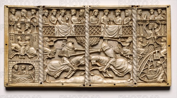 Three Panels from a Casket with Scenes from Courtly Romances , c. 1330-1350 or later. France, Lorraine?, Gothic period, 14th century. Ivory; overall: 13 x 26.2 x 1 cm (5 1/8 x 10 5/16 x 3/8 in.).