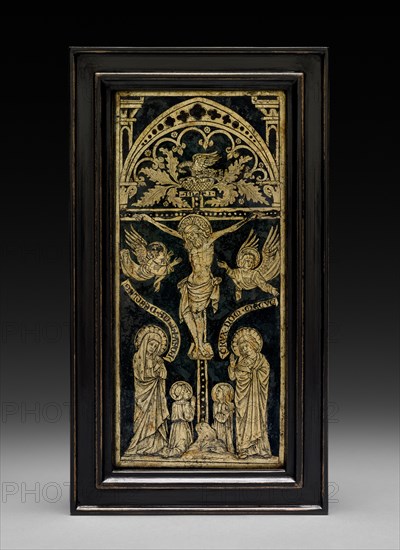 Plaque: The Crucifixion with Angels and Saints, c. 1400-1425. Northern Italy, Padua?, 15th century. Verre églomisé (reverse gilded glass, engraved and painted); overall: 19.4 x 9.4 x 0.4 cm (7 5/8 x 3 11/16 x 3/16 in.).