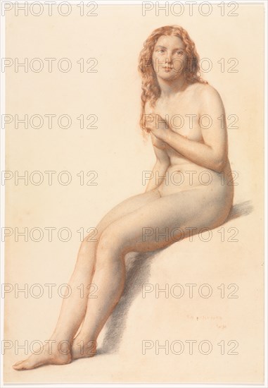 Female Nude, Seated, Three Quarter View from Front, 1859. William Mulready (British, 1786-1863). Black and red crayon; sheet: 49.2 x 34.1 cm (19 3/8 x 13 7/16 in.).