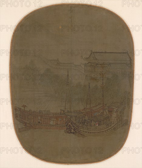 Boats at Anchor, 1150 - 1200. China, Southern Song dynasty (1127-1279). Album leaf, ink and color on silk; image: 25.3 x 19.2 cm (9 15/16 x 7 9/16 in.); with mat: 33.3 x 40.5 cm (13 1/8 x 15 15/16 in.).