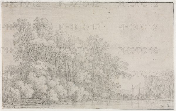 River Landscape, c. 1650?. Simon de Vlieger (Dutch, 1601-1653). Black chalk; framing lines in black ink and brown ink (left); sheet: 18.3 x 29.2 cm (7 3/16 x 11 1/2 in.); secondary support: 29.6 x 42.9 cm (11 5/8 x 16 7/8 in.).