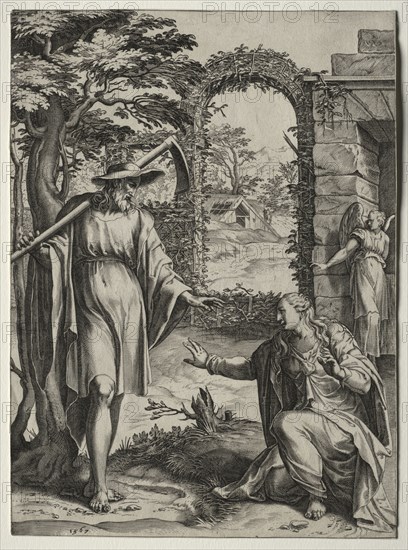 Christ Appearing to Mary Magdalen, 1567. Cornelis Cort (Dutch, 1533-1578), after a design by Giulio Clovio (Italian, 1498-1578). Engraving; sheet: 28.1 x 20.7 cm (11 1/16 x 8 1/8 in.)