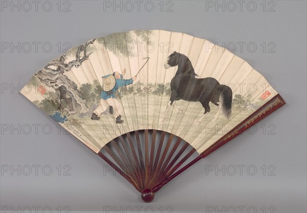 A Vignette of Life on the Frontier, c. 1717-22. Giuseppe Castiglione (Italian, 1688-1766), and Jiao Bingzhen (Chinese, active c. 1670-1726). Folding fan; ink and color on paper; overall: 18.9 x 52.1 cm (7 7/16 x 20 1/2 in.).