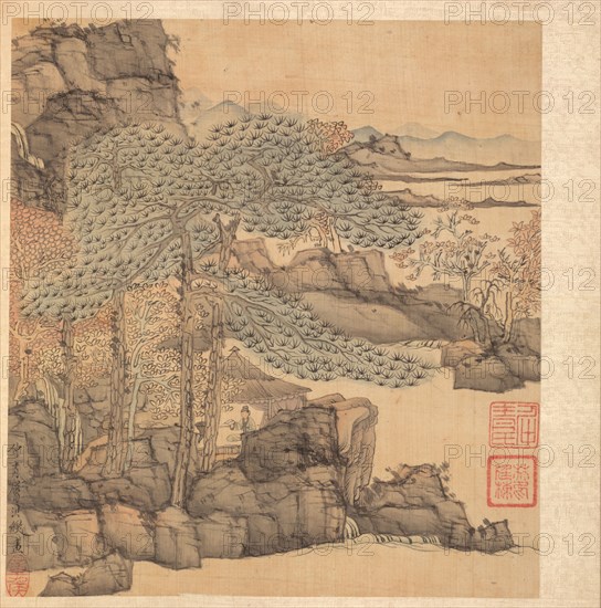 Paintings after Ancient Masters: Scholar Reading in a Thatched Hut by a Waterfall, 1598-1652. Chen Hongshou (Chinese, 1598/99-1652). Album leaf, ink and color on silk; overall: 30.2 x 26.7 cm (11 7/8 x 10 1/2 in.).
