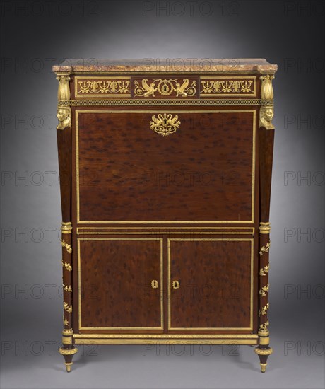 Secretary (Secrétaire), c. 1800. Attributed to Bernard Molitor (French, 1755-1833). Mahogany on oak carcass, ormolu mounts, marble top; overall: 144.6 x 103.5 x 46.1 cm (56 15/16 x 40 3/4 x 18 1/8 in.).