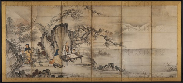 The Four Accomplishments, late 1500s. Attributed to Kano Shoei (Japanese, 1519-1592). Six-panel folding screen, ink and slight color on paper; image: 153 x 358.6 cm (60 1/4 x 141 3/16 in.); overall: 174 x 378.5 cm (68 1/2 x 149 in.); closed: 64.8 x 11 cm (25 1/2 x 4 5/16 in.).