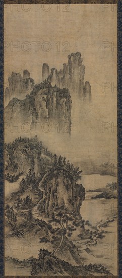 Landscape with a Distant Temple, 1400s. Korea or Japan, Joseon period (1392-1910) or Muromachi Period (1392-1573). Hanging scroll; ink on paper; overall: 195.6 x 57.2 cm (77 x 22 1/2 in.); painting only: 107.7 x 45 cm (42 3/8 x 17 11/16 in.).