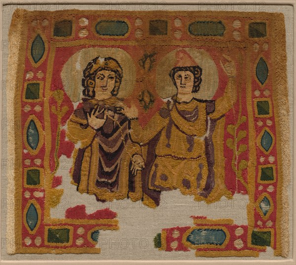 Two Figures Framed by a Jeweled Border, 450-550. Egypt, Byzantine period, 5th-6th century. Dyed wool, undyed linen; slit-tapestry weave with supplementary weft wrapping and plain