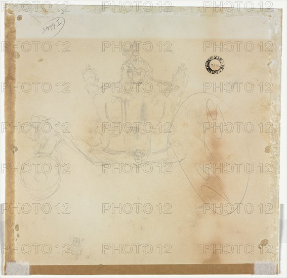 Study for Cab and Front Left Wheel of Coach and Study for Head of Crowned Figure Seated on Top of Coach. Edward Tennyson Reed (British, 1860-1933). Graphite; sheet: 29.5 x 30.2 cm (11 5/8 x 11 7/8 in.).